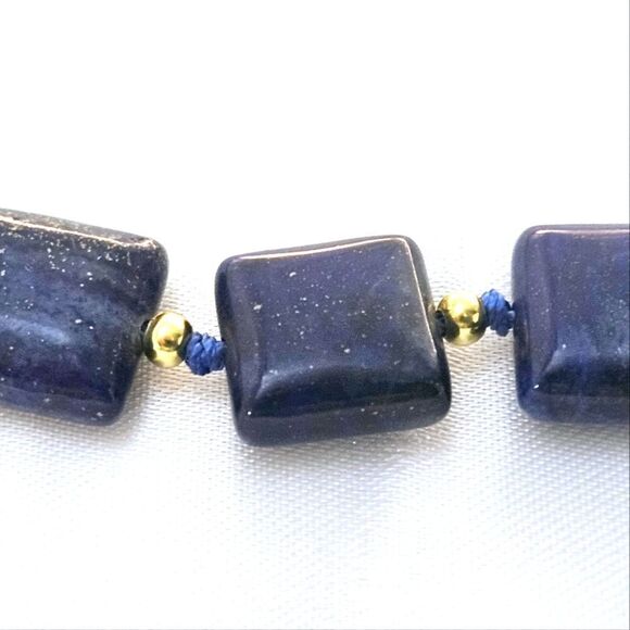 Natural Deep Blue Lapis Lazuli 12mm Flat Square Triple Strand Necklace 14K Gold - Picture 4 of 9